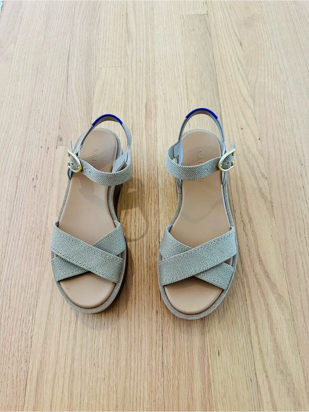 Rothy's Beige Crisscross Slingback Sandals with Gold Buckle
